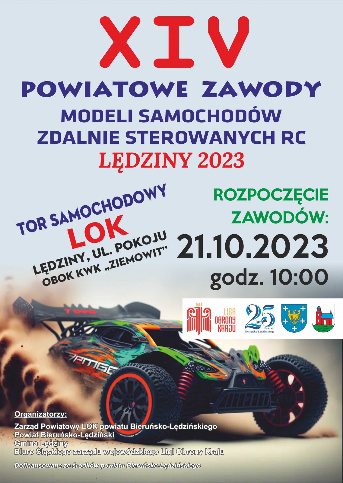 Plakat informacyjny z samochodem zdalnie sterowanym